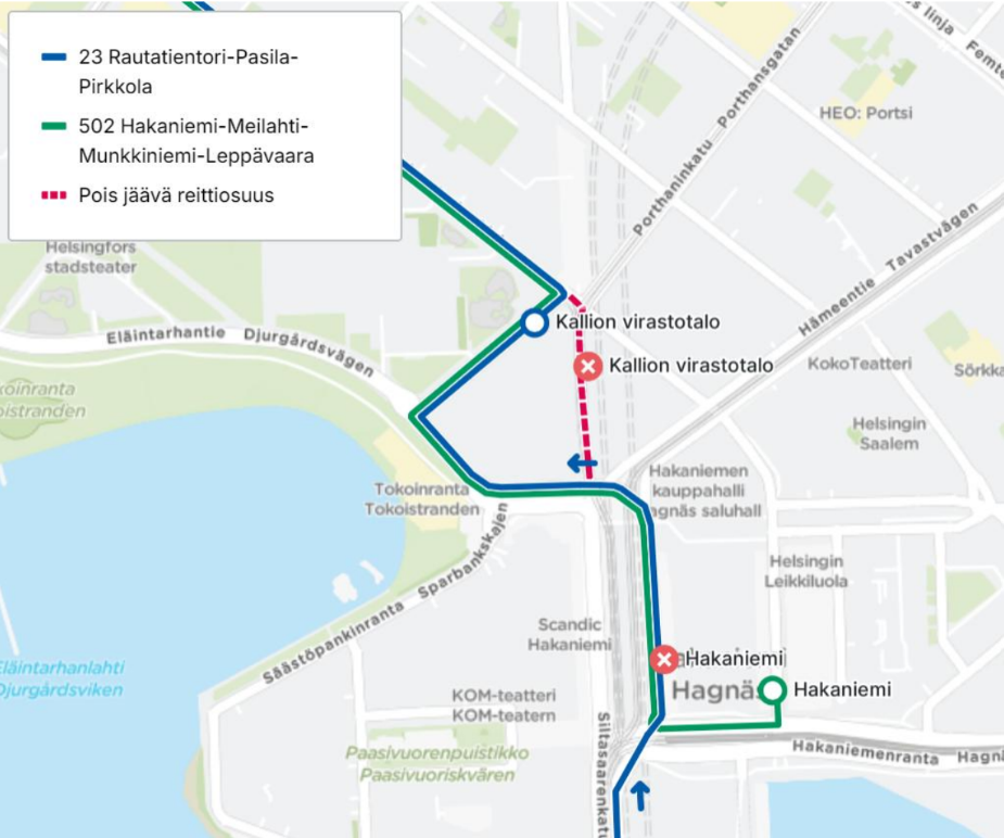 Bussien 23 ja 502 poikkeusreitti kartalla kuvaillun mukaisesti.